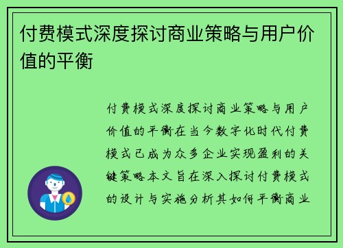 付费模式深度探讨商业策略与用户价值的平衡