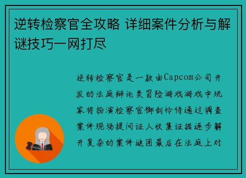 逆转检察官全攻略 详细案件分析与解谜技巧一网打尽 逆转检察官全攻略 详细案件分析与解谜技巧一网打尽